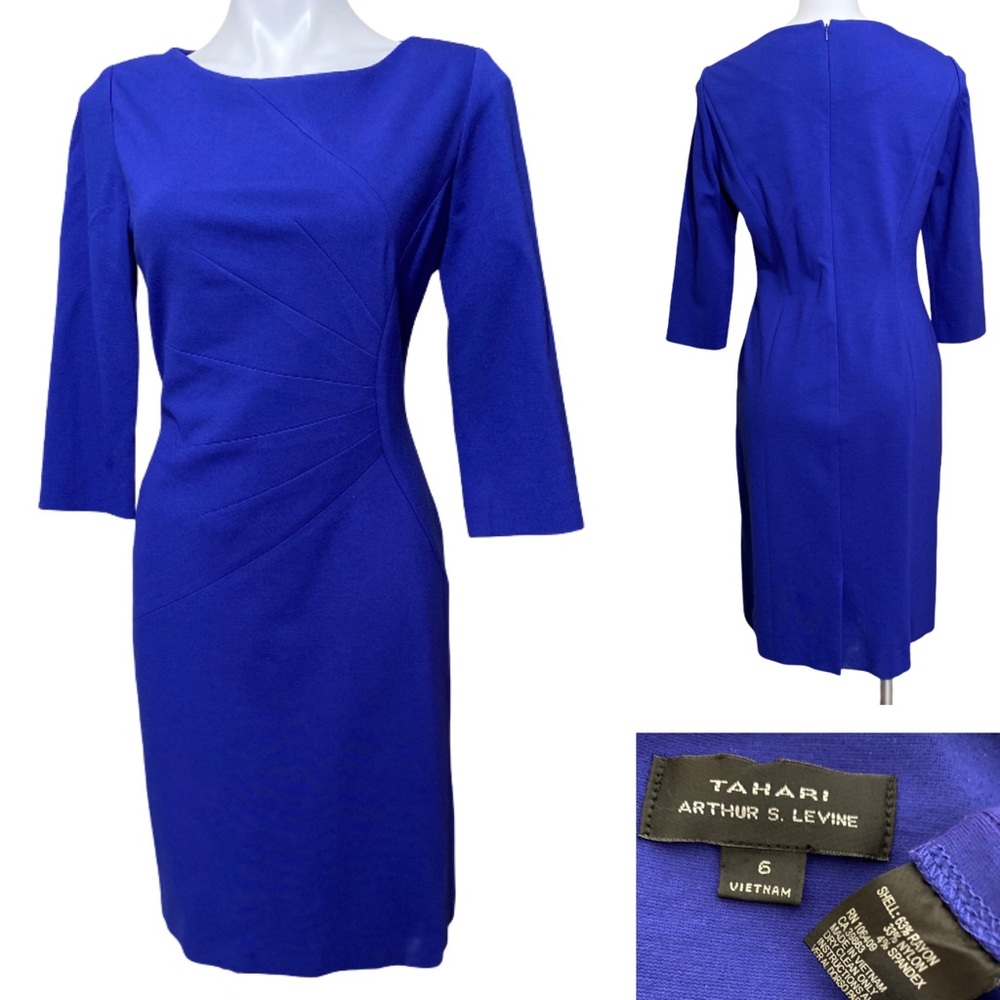 Tahari 6 blue side ruched sheath dress